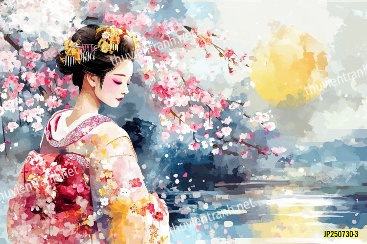 Tranh dán tường hoa cô gái Geisha Nhật Bản-JP250730-3 - Tranh tường chất lượng cao